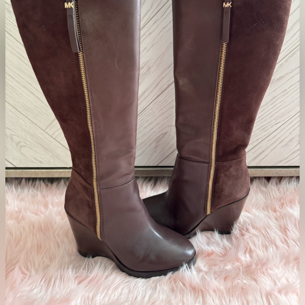 MICHAEL KORS Leather Suede Clara Wedge Tall Boots